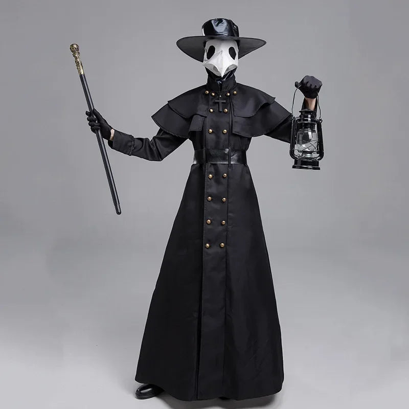 Halloween Medieval Hooded Robe Plague Doctor Costume Mask Hat for Men Monk Cosplay