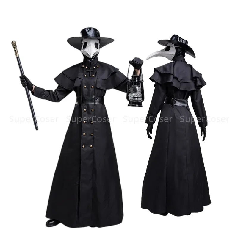 Halloween Medieval Hooded Robe Plague Doctor Costume Mask Hat for Men Monk Cosplay