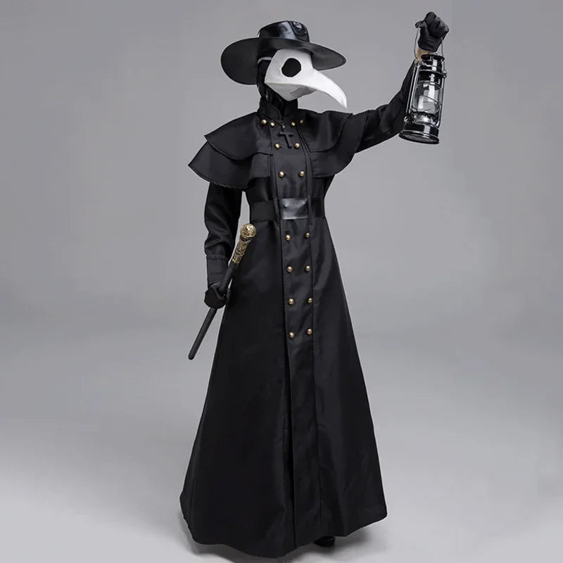 Halloween Medieval Hooded Robe Plague Doctor Costume Mask Hat for Men Monk Cosplay
