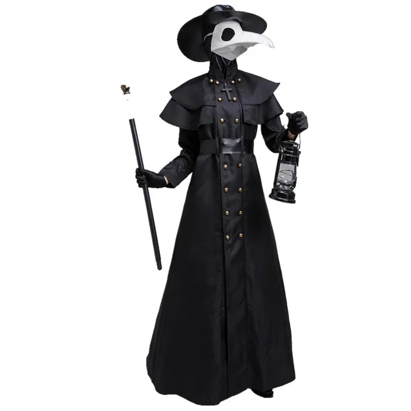 Halloween Medieval Hooded Robe Plague Doctor Costume Mask Hat for Men Monk Cosplay
